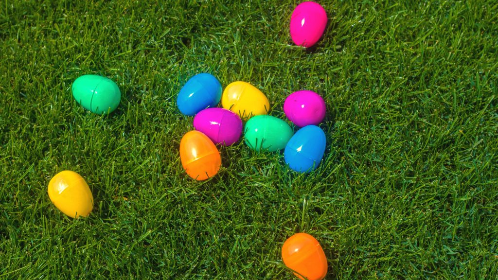 Plastic Easter Eggs on grass.